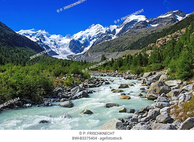 river at the Morteratsch Valley with Piz Palue, 3905 m, Piz Bernina, 4049 m, Biancograt and Morteratsch Glacier, Switzerland, Grisons, Engadine