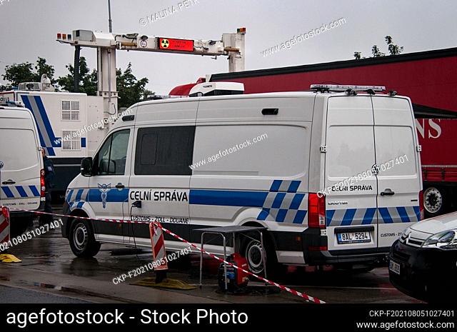 Czech customs officers control trucks with mobile X-ray frame at D1 highway in Ujezd near Pruhonice, Czech Republic, August 5, 2021 due to drug dealers