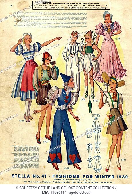 Stella, No 41, winter 1939 - Fashion, illustration, women & children faney dress, dutch peasant girl, motor car races, fisherboy, victorian, flower