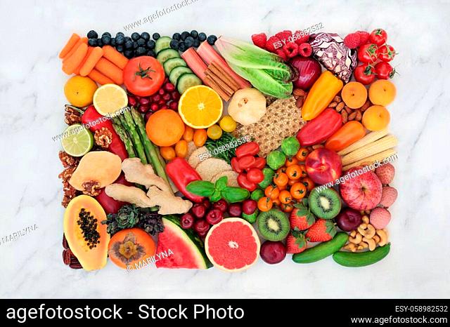 Vegan plant based fruit and vegetables for a healthy lifestyle high in antioxidants, dietary fibre, anthocyanins, vitamins, omega 3, lycopene, protein