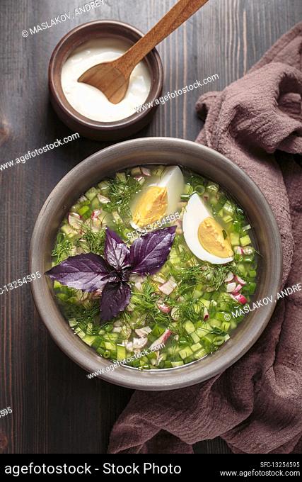 Cold Okroshka soup with vegetables, meat, white rye kvass and fresh herbs (Russian soup)