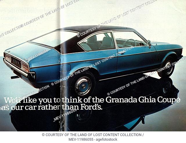 Daily Express, Motor Show Review, 1975 Cars - granada, ghia coupe, colour photo, dark blue car, strapline