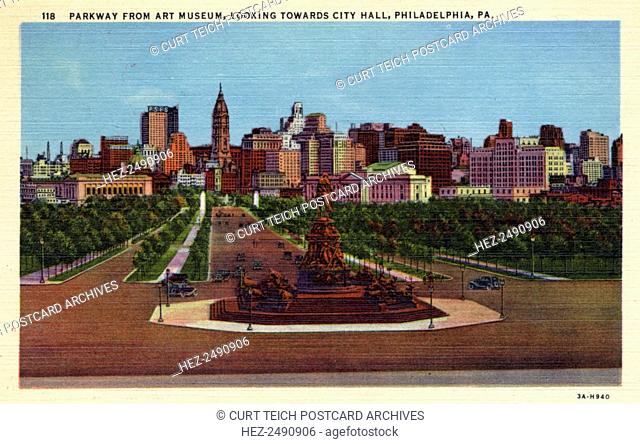 Parkway from the Art Museum, Philadelphia, Pennsylvania, USA, 1933. Vintage linen postcard showing the Philadelphia skyline including City Hall in the distance