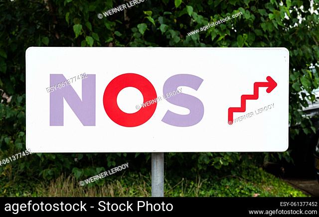 Hilversum, North Holland, The Netherlands - Sign of the NOS, the Dutch broadcasting company