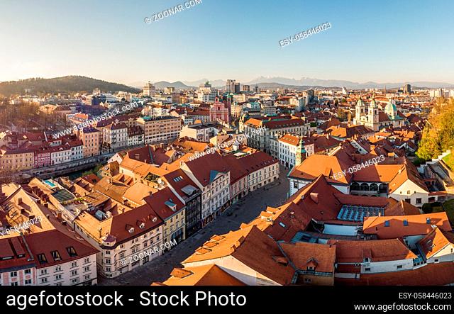 Panoramic view of Ljubljana, capital of Slovenia, at sunset. Empty streets of Slovenian capital during corona virus pandemic social distancing measures in 2020