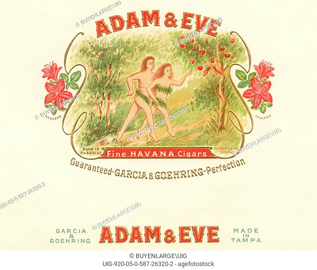 A cigar box label featuring the biblical couple Adam and Eve leaving the ga...