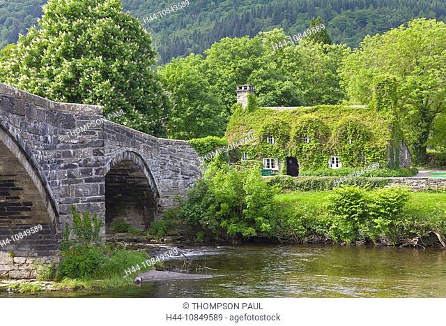 Wales, Llanrwst, Gwynedd, ivy, covered, cottage, Inigo Jones Bridge, stone, arched, bridge, UK, United Kingdom, Great