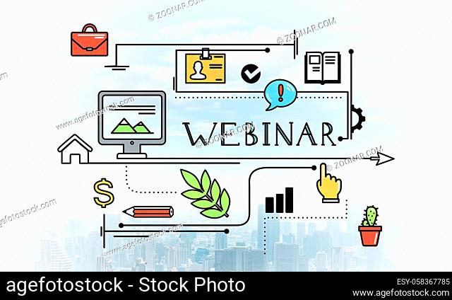 Internet webinar linear sketch on background of modern cityscape. E-learning and business training concept. Mind map webcast of educational content