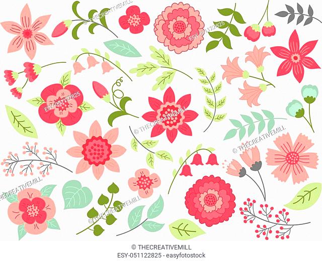 Vector floral set with pink flowers, berries, green and turquoise leaves. Vector floral elements for wedding, bridal shower and birthday