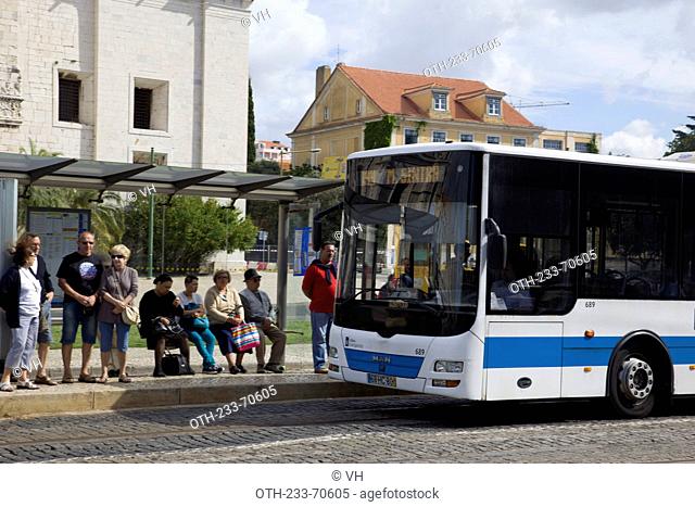 Bus stop in front of the Jeronimos Monastery, Estremadura, Lisbon, Portugal, Europe