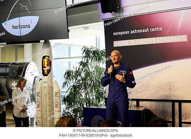 17 April 2018, Cologne, Germany: Alexander Gerst, astronaut, speaking at a press conference. ""Astro Alex"" is speaking about the work programme and the goals...