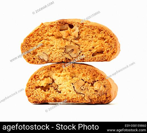 baked piece Italian almond biscotti, cantuccini cookies, traditional italian Christmas, New Year dry cookies. baking isolated on white background