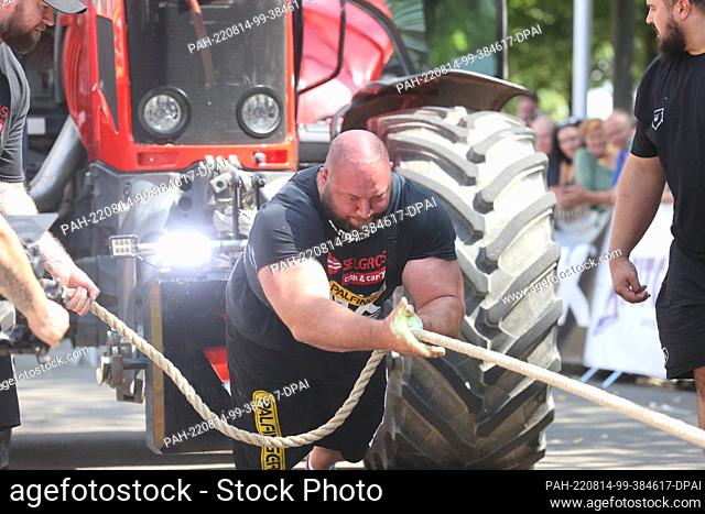 14 August 2022, Thuringia, Gera: The winner and thus the strongest man in Germany, Dennis Kohlruss, from Rastatt, pulls a tractor at the Strongman Championships...