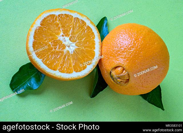 Navelorangen. Navel orange, halved; seedless orange variety with sweet juicy flavor