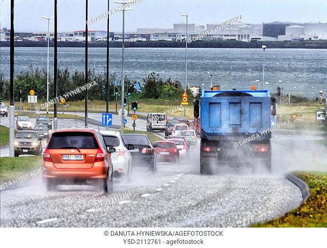 traffic on wet streets in Reykjavik, there is heavy rain on daily basic, Iceland