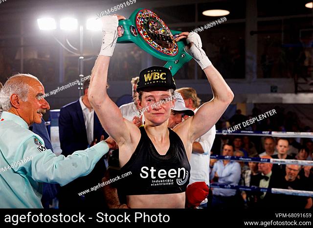 Belgian Delfine Persoon celebrates after winning the fight between Belgian Delfine Persoon and Korean Bo Mi Re Shin, for the WBC Silver Super Feather title...