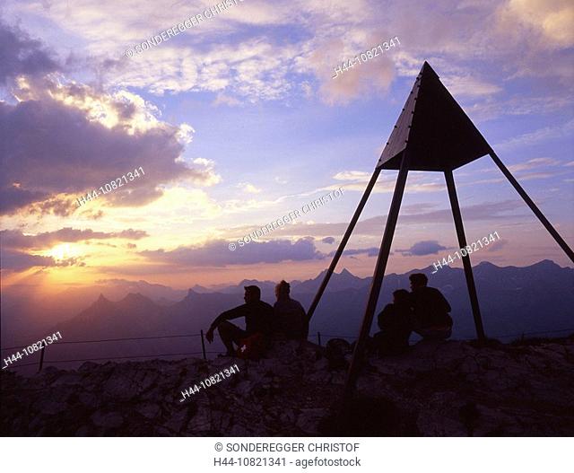 Moleson, summit, group, hiker, Triangulation, pyramid, measurement point, sunrise, sundown, mountains, Freiburg Alps