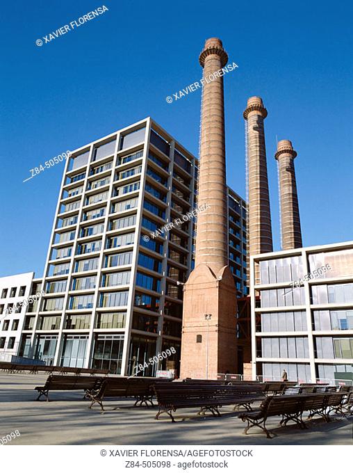 'Tres Xemeneies' former industrial complex and Fecsa Building. Avinguda del Paral.lel. Barcelona. Spain