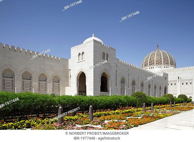 Sultan Qaboos Grand Mosque and flower bed, forecourt, Muscat capital, Sultanate of Oman, gulf states, Arabic Peninsula, Middle East, Asia