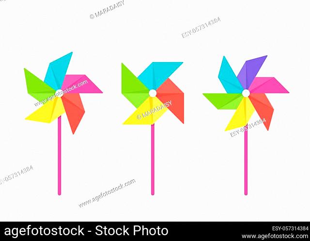 Pinwheel baby toy. Vector. Paper windmill icon. Set kids toys isolated on white background in flat design. Colorful cartoon illustration
