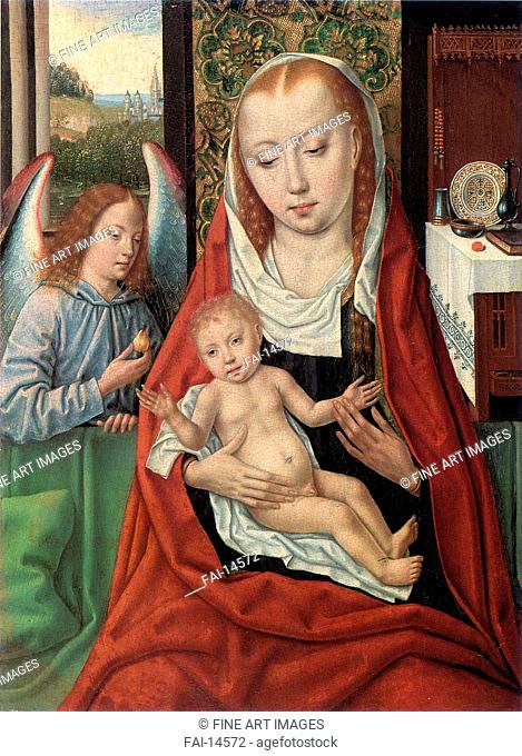 Madonna and Child with Angel. Master of the legend of St. Ursula (active ca 1485). Oil on wood. Medieval art. c. 1490-1495. Private Collection. 36x27