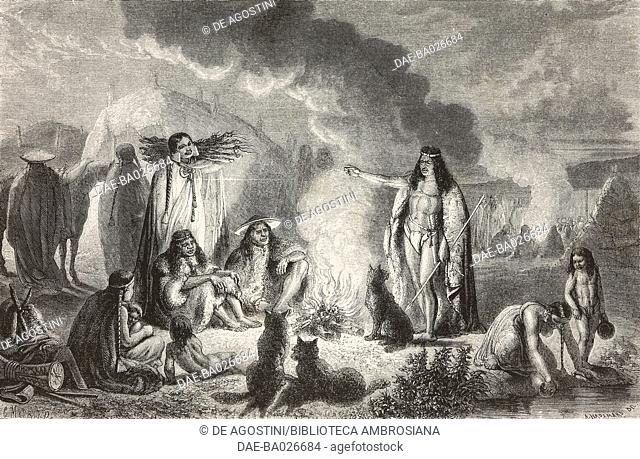 Patagonian natives, camp, Chile, drawing by Hadamard, from Journey in the Strait of Magellan (1856-1859) by V de Rochas, from Il Giro del mondo (World Tour)