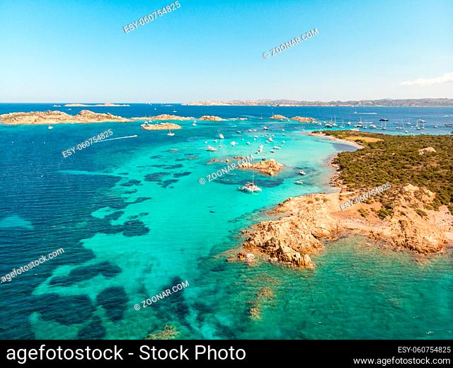 Drone aerial view of Razzoli, Santa Maria and Budelli islands in Maddalena Archipelago, Sardinia, Italy. Maddalena Archipelago is a group of islands between...