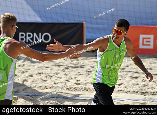 L-R Matyas Dzavoronok and Vaclav Bercik (CZE) in action during the Brno Beach Pro 2023 tournament, part of the Beach Pro Tour world series, Futures category