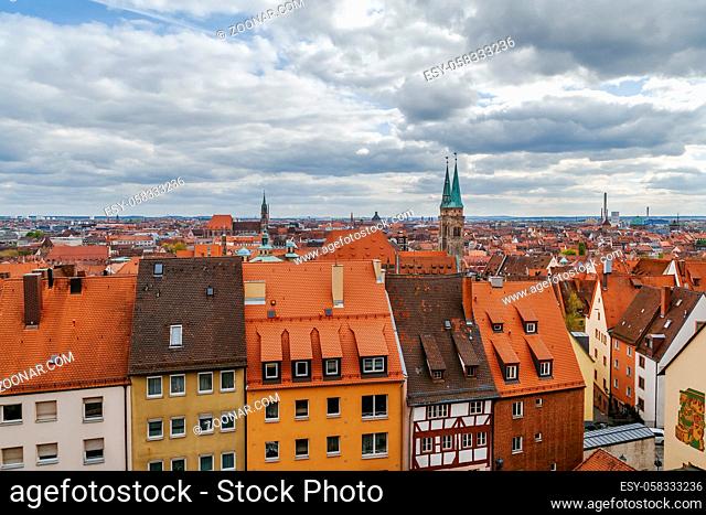 View of Nuremberg historic center from castle wall, Germany