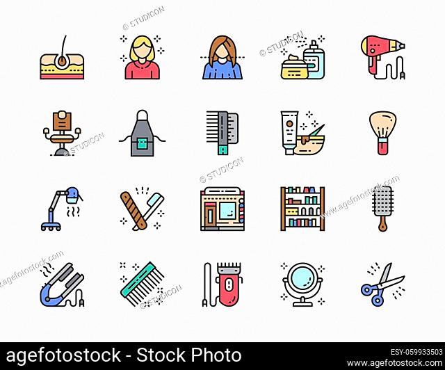 Set of Barbershop and Beauty Salon Flat Color Line Icons. Hairdresser, Cosmetics, Barber Apron, Stationary Hair Hood Dryer, Straight Razor, Trimmer
