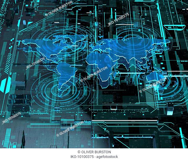 World map on high tech multi-layered computer circuit board