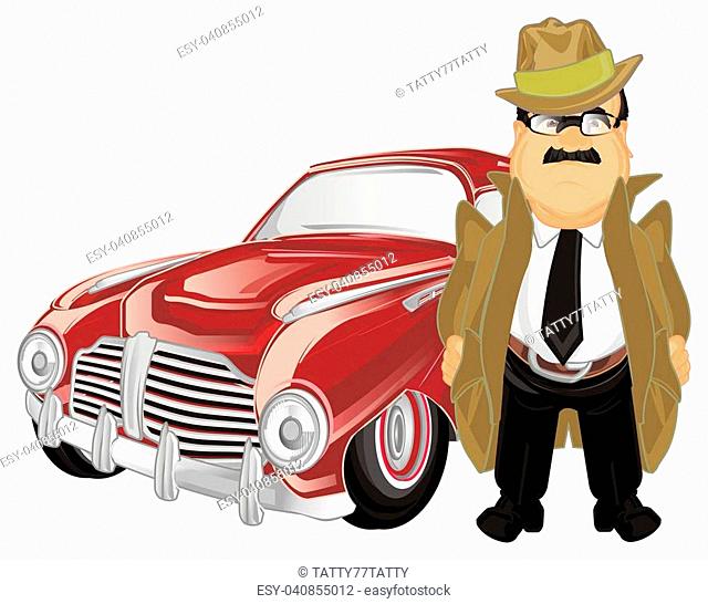 un happy detective with red retro car