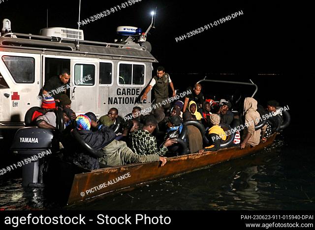 23 June 2023, Tunisia, Sfax: Tunisian Maritime National Guard intercept tiny boats carrying migrants trying to cross the Mediterranean Sea
