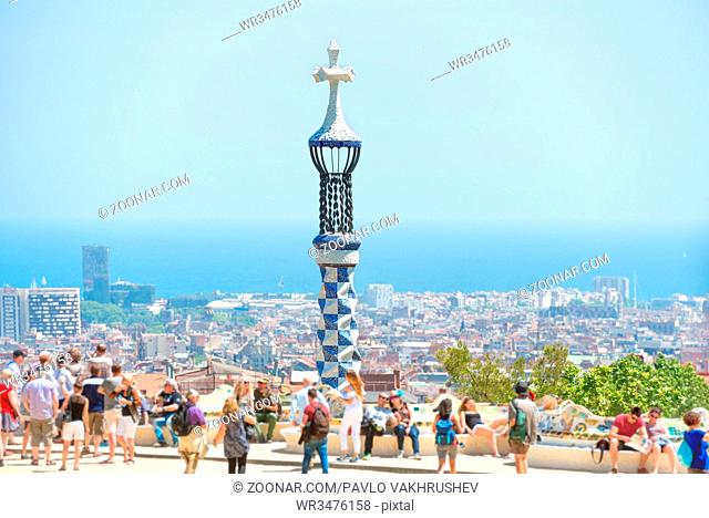 Park Guell with tourists- crowd of people in Barcelona, Spain