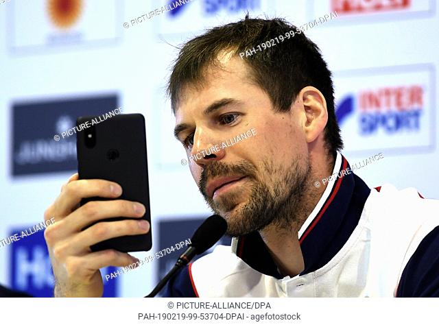 19 February 2019, Austria, Seefeld: Sergey Ustyugov, cross-country skier from Russia, takes part in a press conference of the Russian cross-country skiing team...