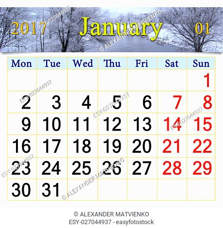 beautiful calendar for January 2017 with winter river