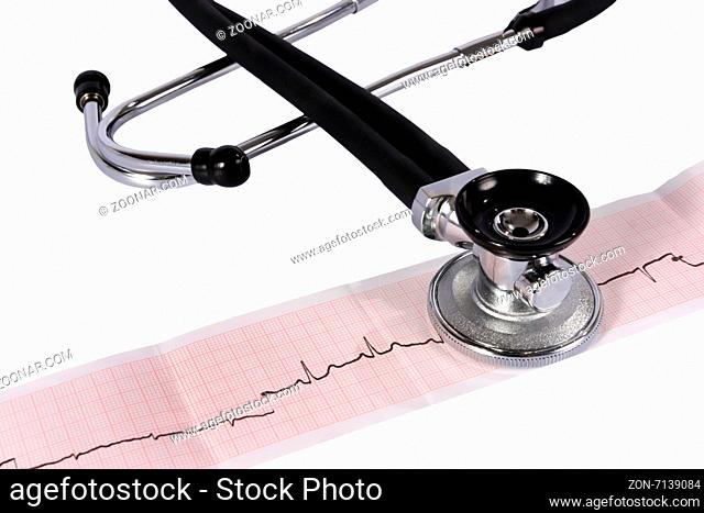 Phonendoscope and cardiogram on white background