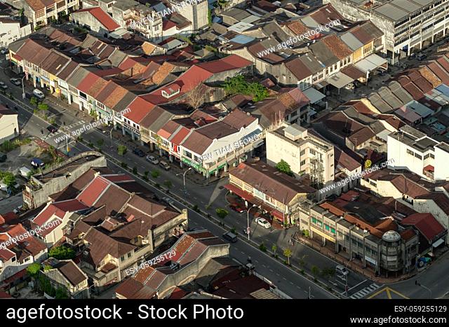 George Town, Penang/Malaysia - Jun 18 2017: Aerial view of Penang heritage old house