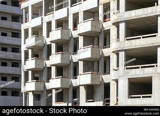 New building facade in shell with balconies, Berlin, Friedrichshain