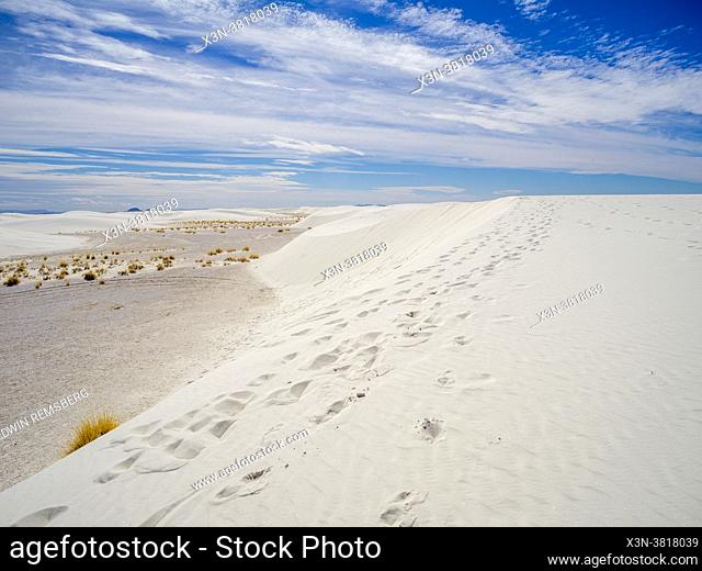 Footprints along the sand dunes at White Sands National Park, New Mexico,