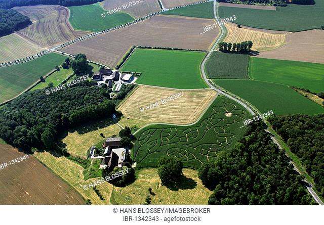 Aerial view, Hof Luenemann farm, art in the cornfield, Maislabyrinth Forst Cappenberg corn maze, Hassel, Luenen, Ruhrgebiet region, North Rhine-Westphalia