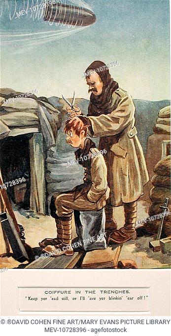 Coiffure In The Trenches Keep Yer Ead Still Or I Ll Ave Yer Blinkin Ear Off Stock Photo Picture And Rights Managed Image Pic Mev Agefotostock