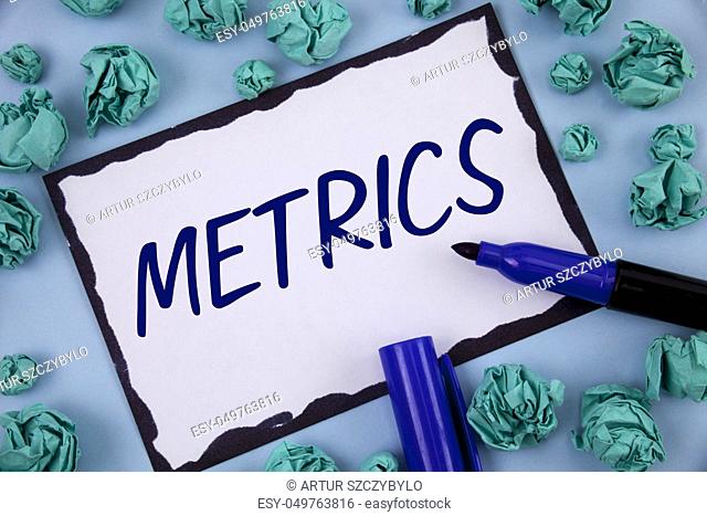 Writing note showing Metrics. Business photo showcasing Method of measuring something Study poetic meters Set of numbers written Sticky note paper within Paper...