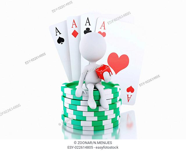 3d White people with casino tolkens and cards
