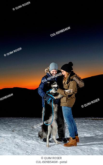 Couple playing with dog in snow at night