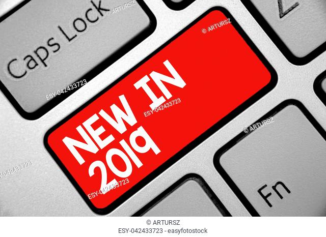 Word writing text New In 2019. Business concept for list of fresh things got introduced this year or the next Keyboard red key Intention create computer...