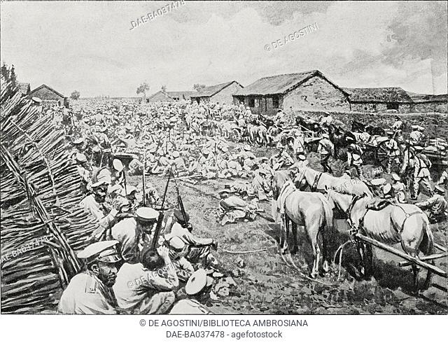 Bivouac of Russian soldiers retreating from Yan-tai at Mukden (Shenyang), China, Russo-Japanese war, photograph by L Bouet and Laubert