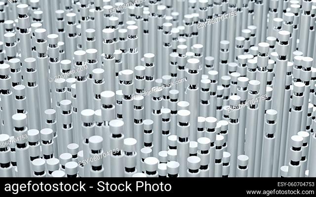 Abstract white cylinders with goldsilver. tech sci fi minimal white background. 3d render of big data. technology concept. futuristic