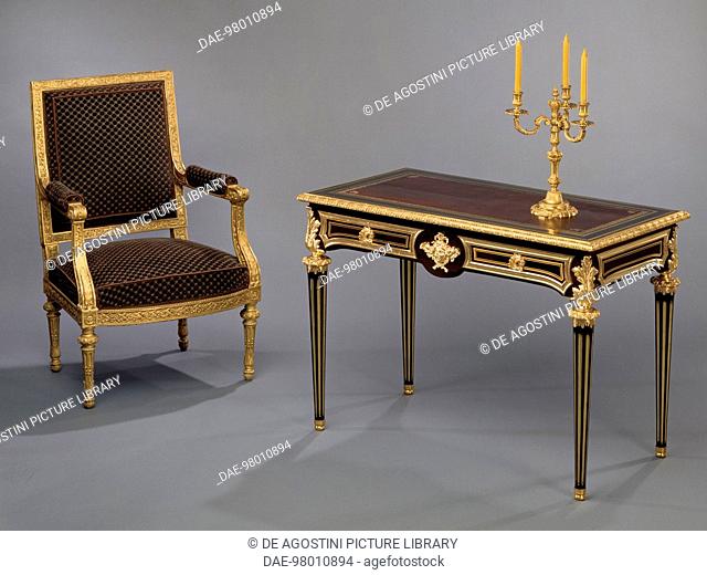 Louis XVI style armchair and Louis XIV-Louis XVI composite style writing desk, Second Empire (Napoleon III), ebony veneer with gilt and chiselled bronze...