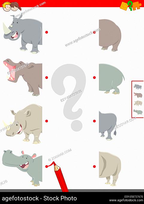 Cartoon Illustration of Educational Game of Matching Halves of Cute Hippos and Rhinos Animal Characters